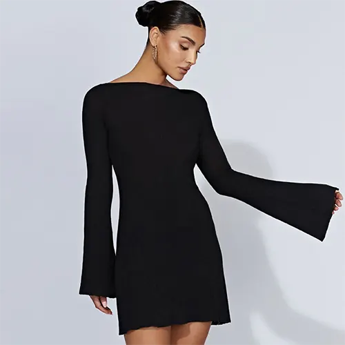 Robe Femme Courte à Manches Bouffantes Élégante Automne
