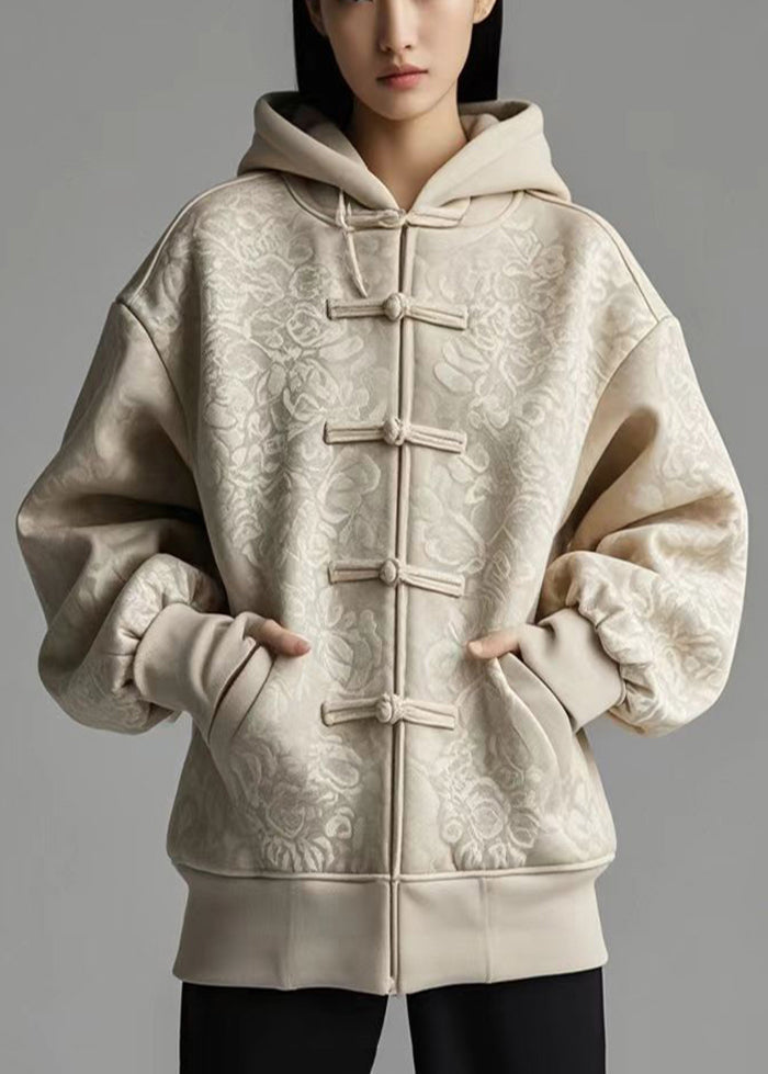 Grand manteau en coton beige à capuche avec fermeture boutons - EasyApparels