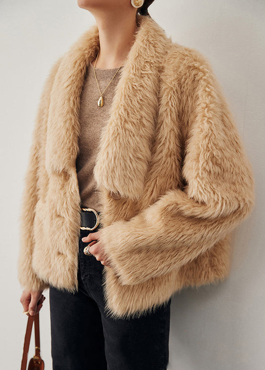 Manteau hivernal en laine beige épais aux poches - EasyApparels