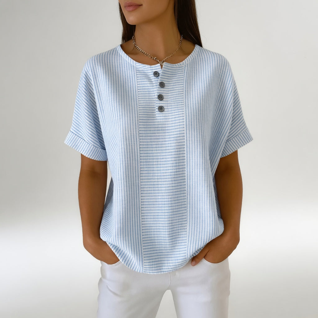 Chemisier Femme Lin Rayé Manches Courtes Col Rond Boutonné