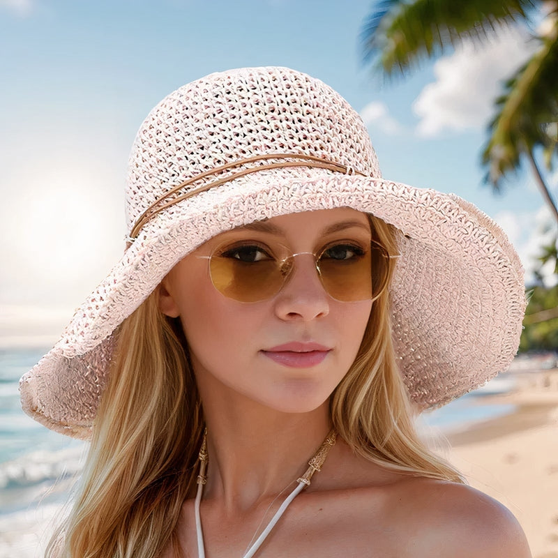 Chapeau de soleil Blanc Large avec Fleurs et Bord Élégant