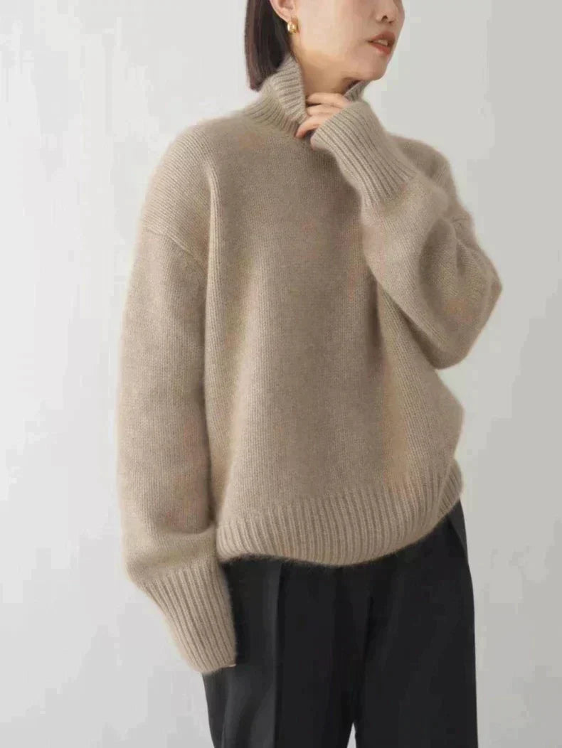 Pull Femme Col Roulé en Laine Beige Chaud