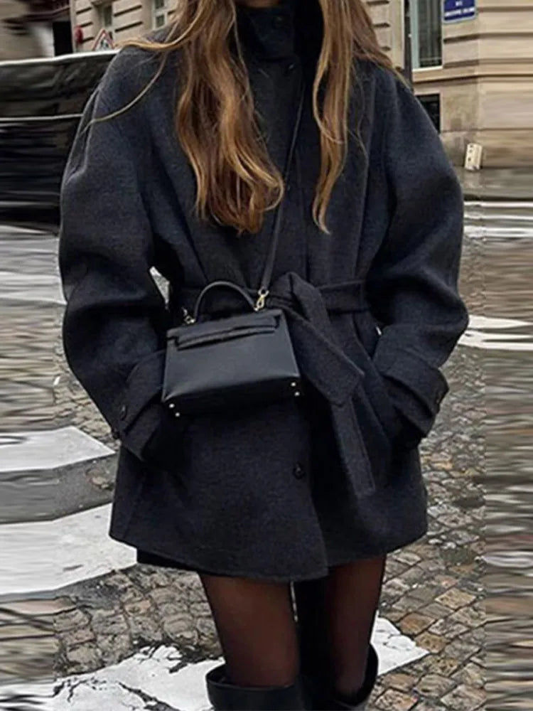 Manteau Femme Hiver Court avec Col Montant et Ceinture