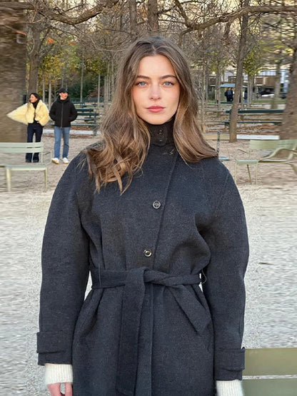 Manteau Femme Hiver Court avec Col Montant et Ceinture