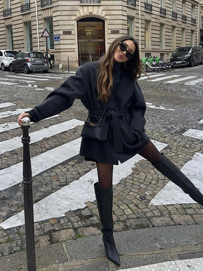 Manteau Femme Hiver Court avec Col Montant et Ceinture