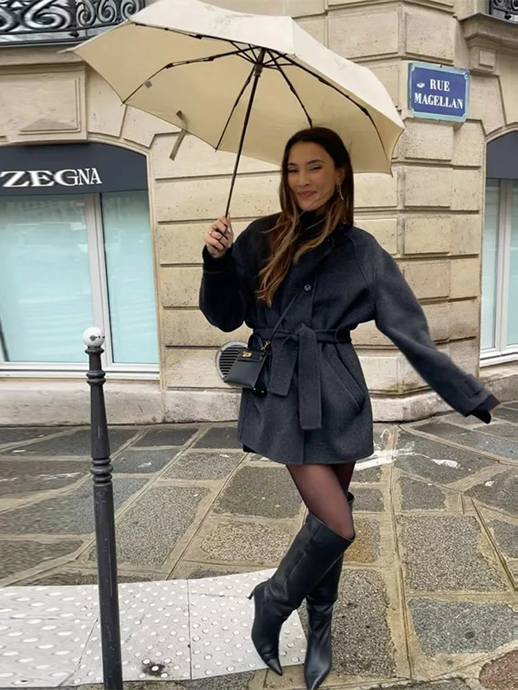 Manteau Femme Hiver Court avec Col Montant et Ceinture
