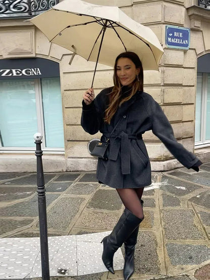 Manteau Femme Hiver Court avec Col Montant et Ceinture