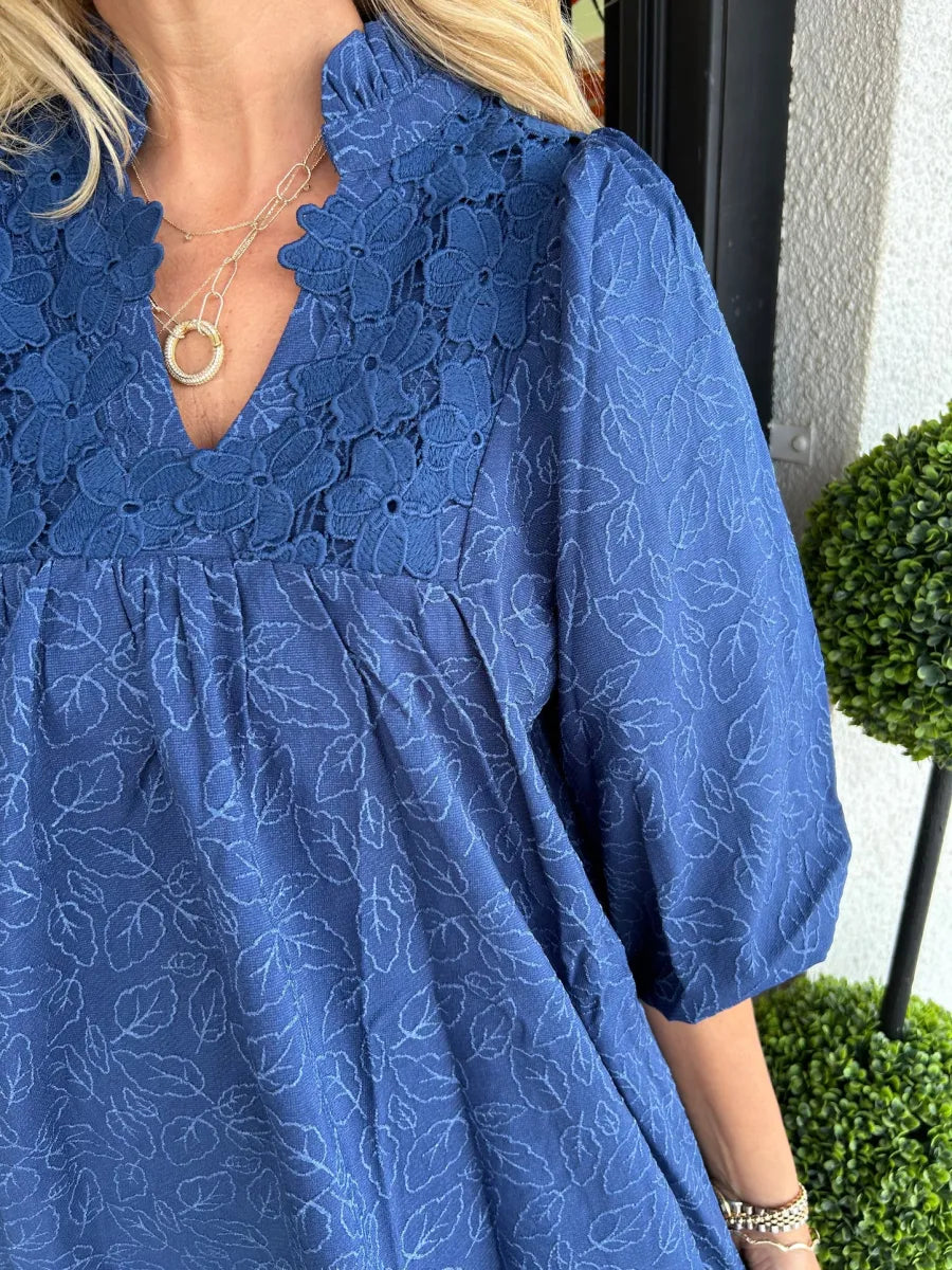 Robe Courte Femme Jacquard Col V Manches Bouffantes