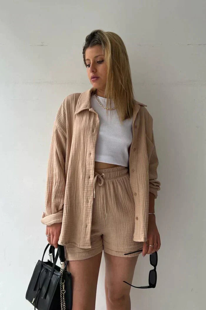 Ensemble Décontracté Femme 2 Pièces - Chemise Oversize et Shorts en Mousseline