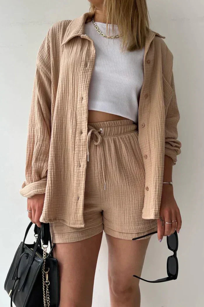Ensemble Décontracté Femme 2 Pièces - Chemise Oversize et Shorts en Mousseline