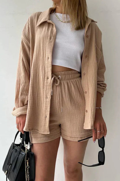 Ensemble Décontracté Femme 2 Pièces - Chemise Oversize et Shorts en Mousseline