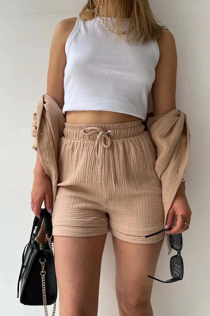 Ensemble Décontracté Femme 2 Pièces - Chemise Oversize et Shorts en Mousseline