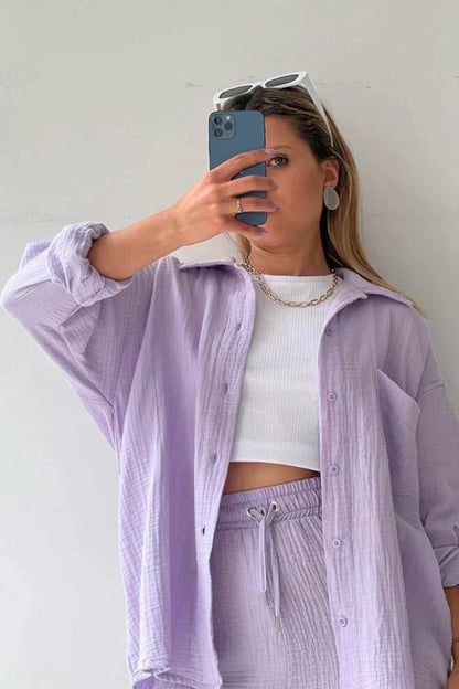 Ensemble Décontracté Femme 2 Pièces - Chemise Oversize et Shorts en Mousseline