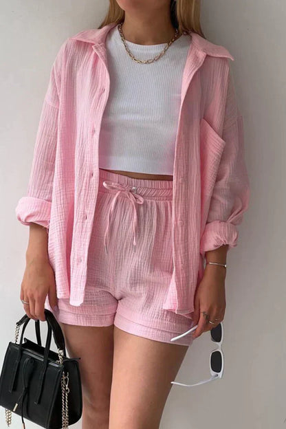 Ensemble Décontracté Femme 2 Pièces - Chemise Oversize et Shorts en Mousseline
