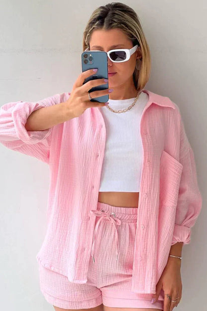 Ensemble Décontracté Femme 2 Pièces - Chemise Oversize et Shorts en Mousseline