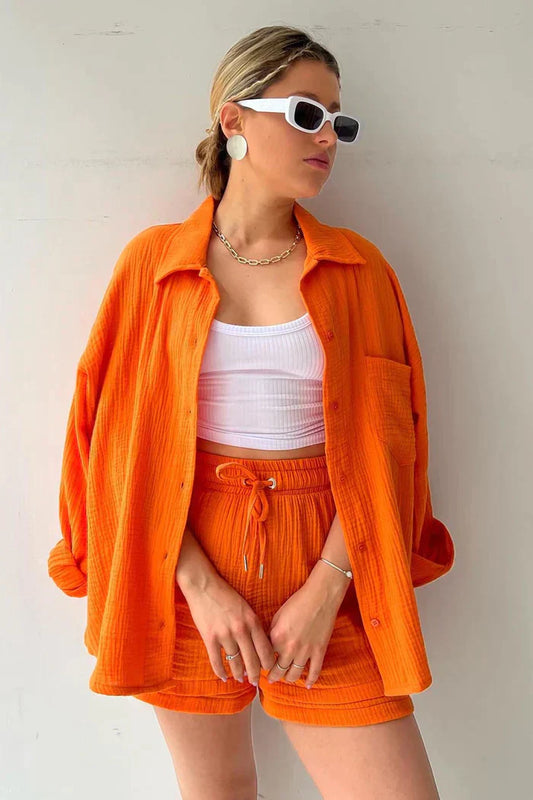 Ensemble Décontracté Femme 2 Pièces - Chemise Oversize et Shorts en Mousseline - BerlinGlamour