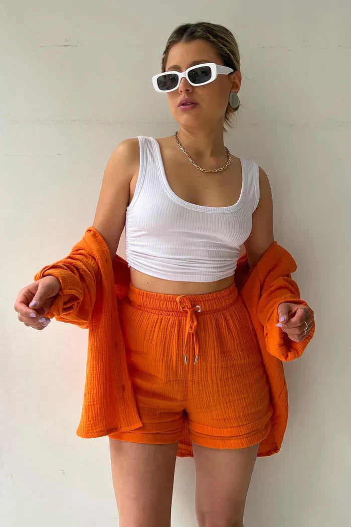 Ensemble Décontracté Femme 2 Pièces - Chemise Oversize et Shorts en Mousseline