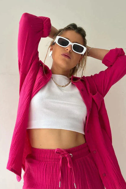 Ensemble Décontracté Femme 2 Pièces - Chemise Oversize et Shorts en Mousseline