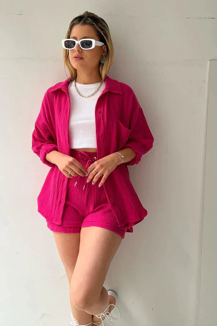 Ensemble Décontracté Femme 2 Pièces - Chemise Oversize et Shorts en Mousseline