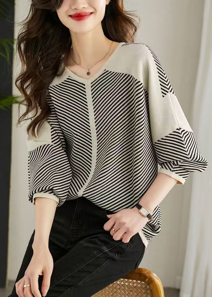 Colorful Striped Patchwork V Neck Spring Sweater - EasyApparels