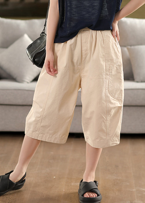 Pantalon court beige large en coton doux élastiqué - EasyApparels