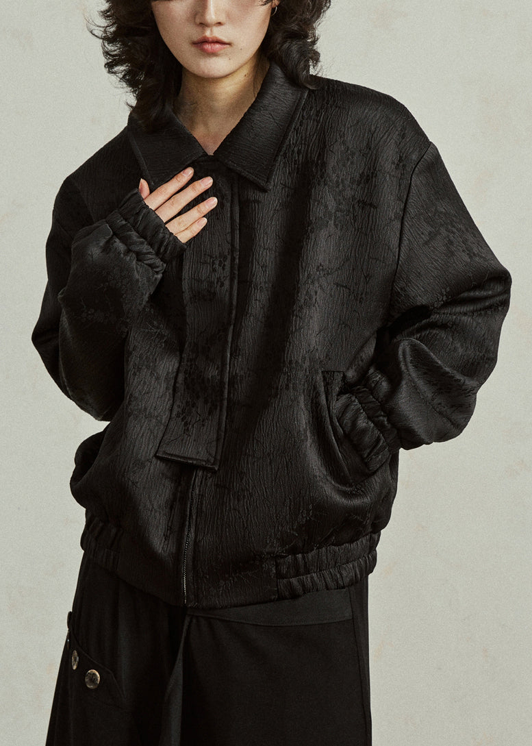 Manteau taille grande en soie noir avec fermeture éclair - EasyApparels