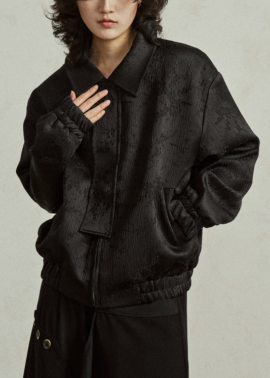 Manteau taille grande en soie noir avec fermeture éclair - EasyApparels