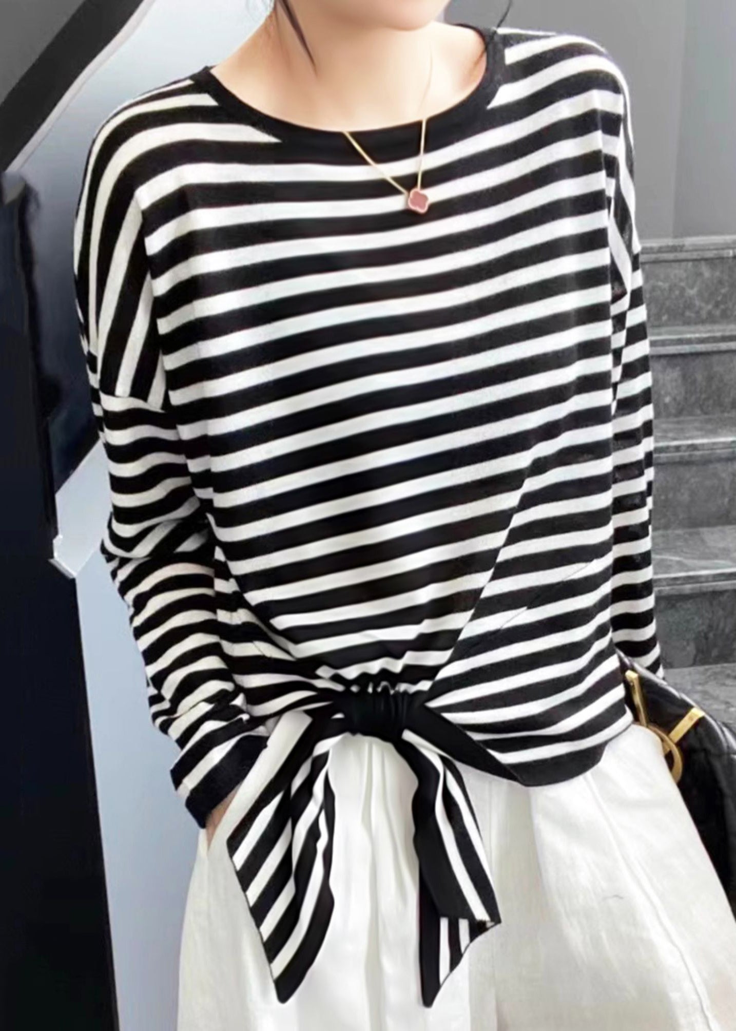 T-shirt décontracté à rayures noires, col rond, été - EasyApparels