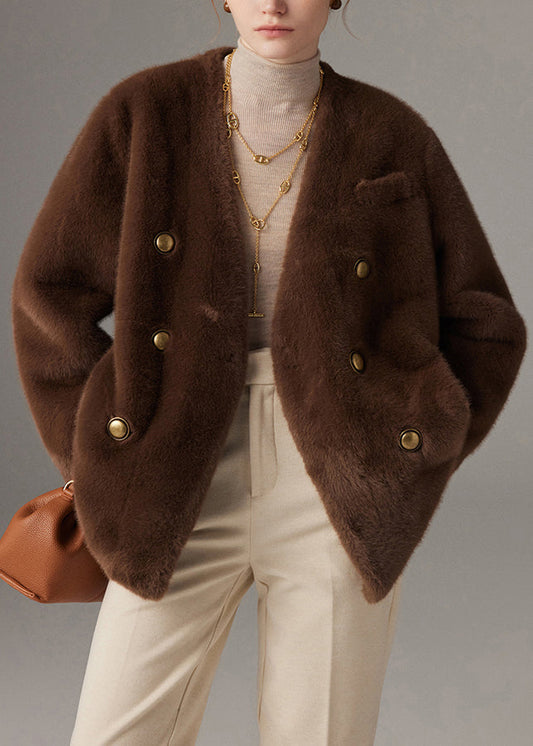 Gros manteaux d'hiver en fourrure marron à col V - EasyApparels