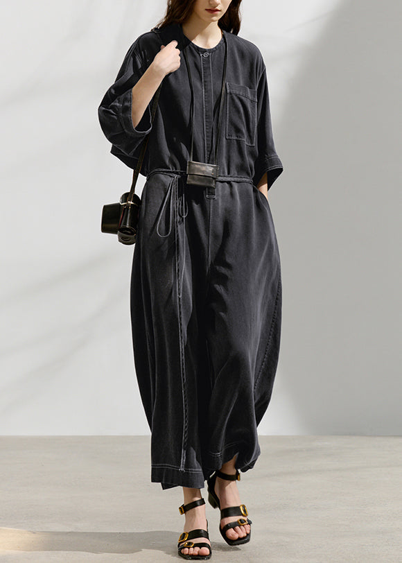 Large Grey Cotton Jumpsuit with Pockets and Round Neck - EasyApparels