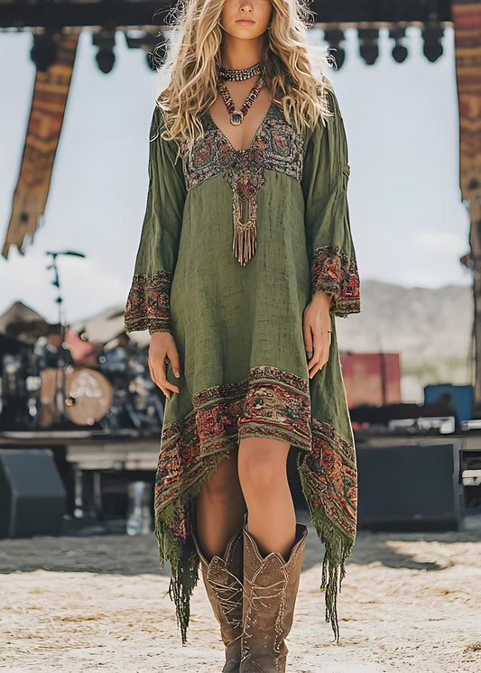 Verte Robe décontractée à col en V pour printemps - EasyApparels