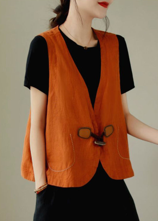 Orange Linen Vest with V Neck and Button Front - EasyApparels