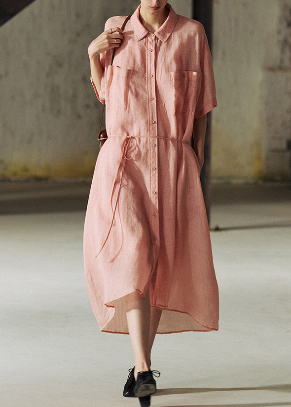 Robes d'été en coton rose vaste avec col classique et poches boutonnées - EasyApparels