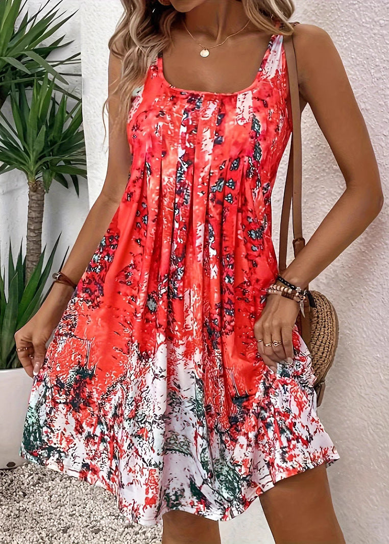 Robe mi-longue rouge évasée en coton imprimé été - EasyApparels