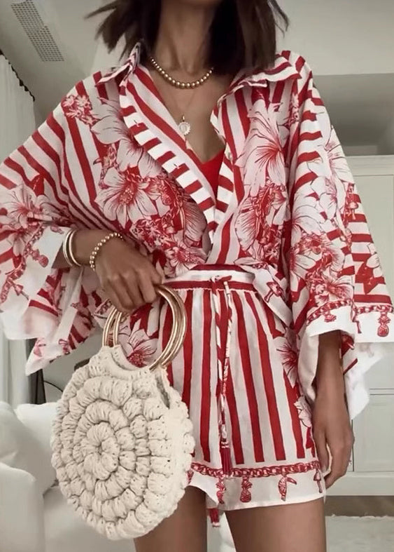 Robe deux pièces rouge imprimé été large - EasyApparels