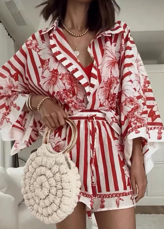 Robe deux pièces rouge imprimé été large - EasyApparels