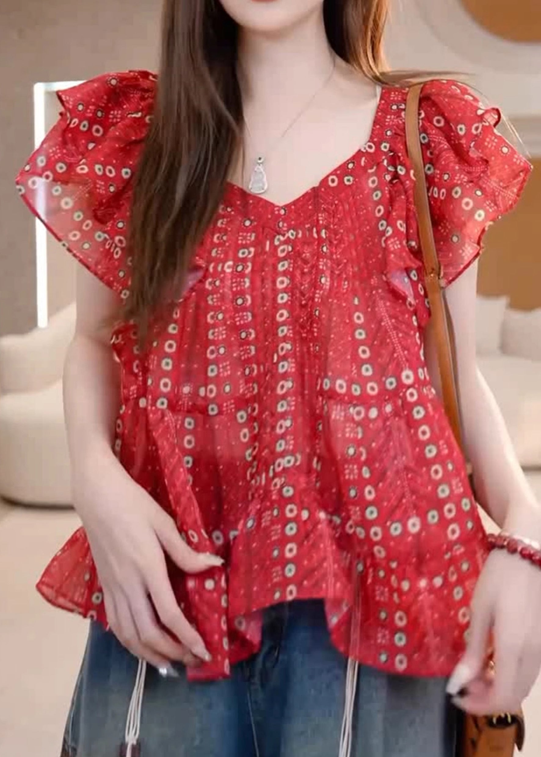 Robes légères en coton rouge à col V pour femme - EasyApparels