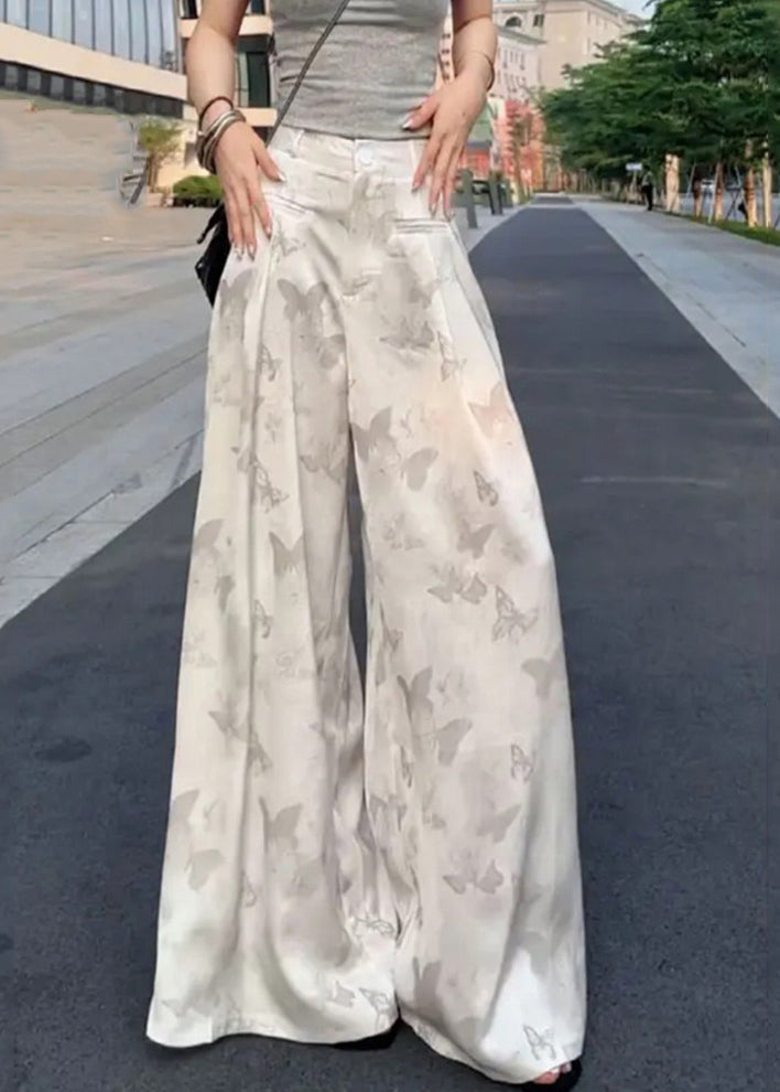 Pantalonlarge taille haute en soie lisse imprimé blanc été - EasyApparels