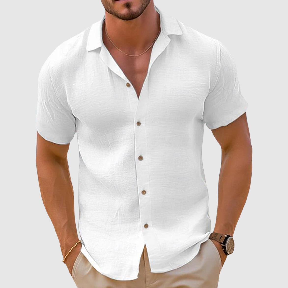 Chemise Homme Coton Court Manches Boutons Blanc