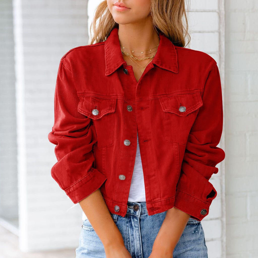 Veste denim rouge femme élégante avec boutons dorés - PanierRoyale