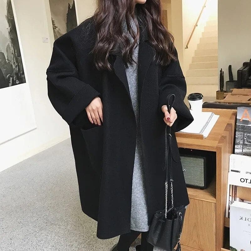 Manteau Femme Hiver Chic en Laine Mélangée avec Grandes Poches