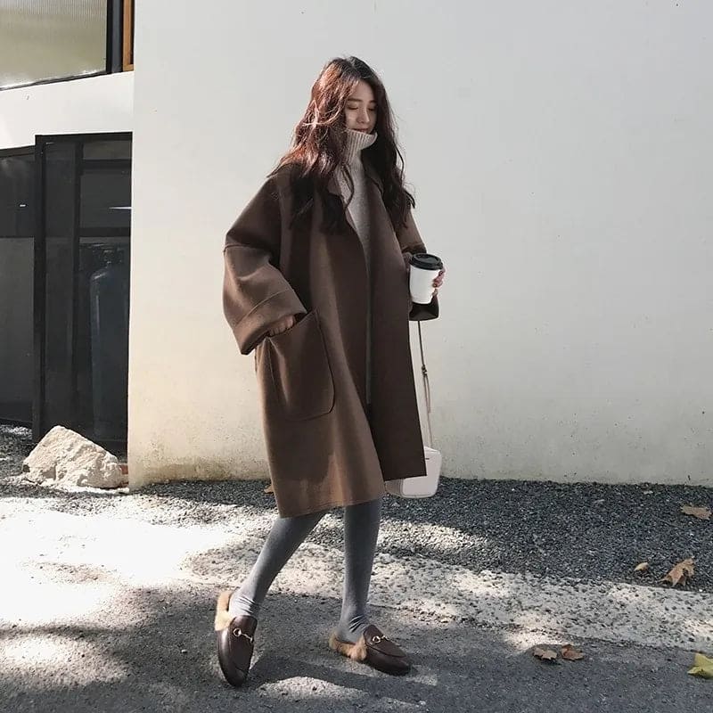 Manteau Femme Hiver Chic en Laine Mélangée avec Grandes Poches - PanierRoyale