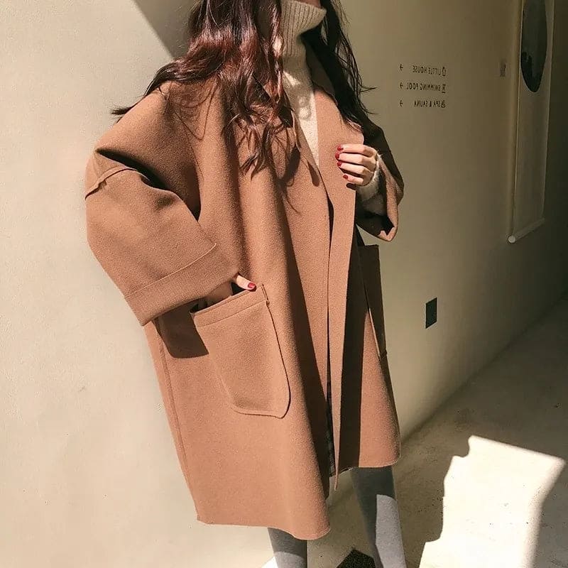 Manteau Femme Hiver Chic en Laine Mélangée avec Grandes Poches