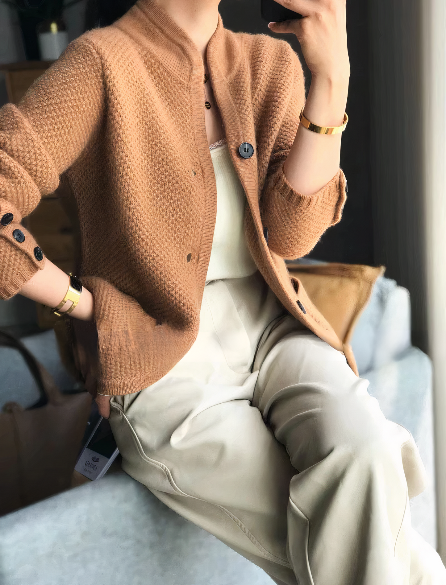 Veste femme hivernale en laine marron épaisse
