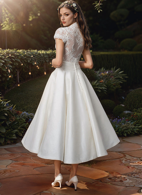 Robe de Mariage en Dentelle avec Décolleté en V et Ourlet Midi