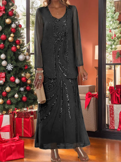 Robe Longue Femme Paillettes Col V Manches Longues avec Veste