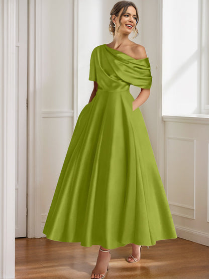 Robe Femme Satin Coupe Aline Épaule Dénudée Volants Longueur Cheville