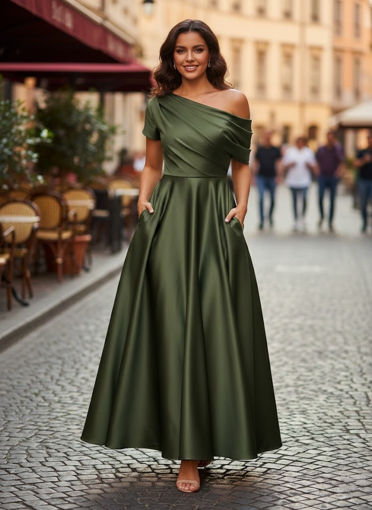 Robe Femme Satin Coupe Aline Épaule Dénudée Volants Longueur Cheville