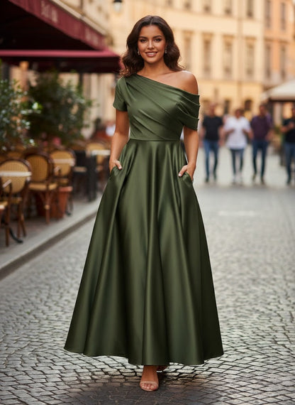 Robe Femme Satin Coupe Aline Épaule Dénudée Volants Longueur Cheville
