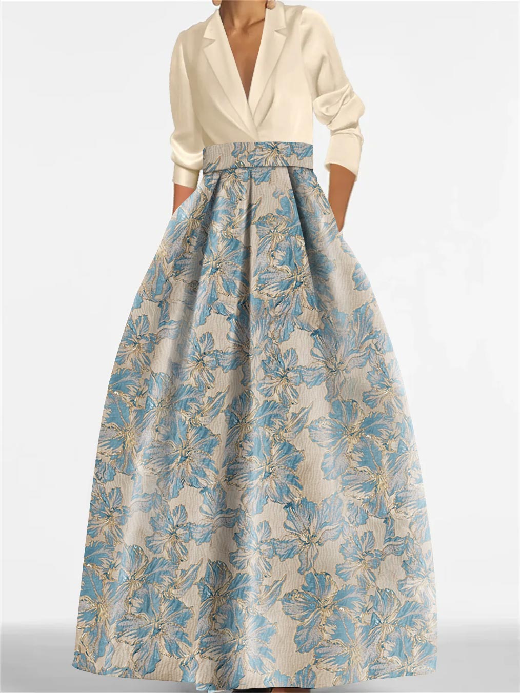 Robe Longue Femme Col Chemise Coupe A-Line Imprimé Floral